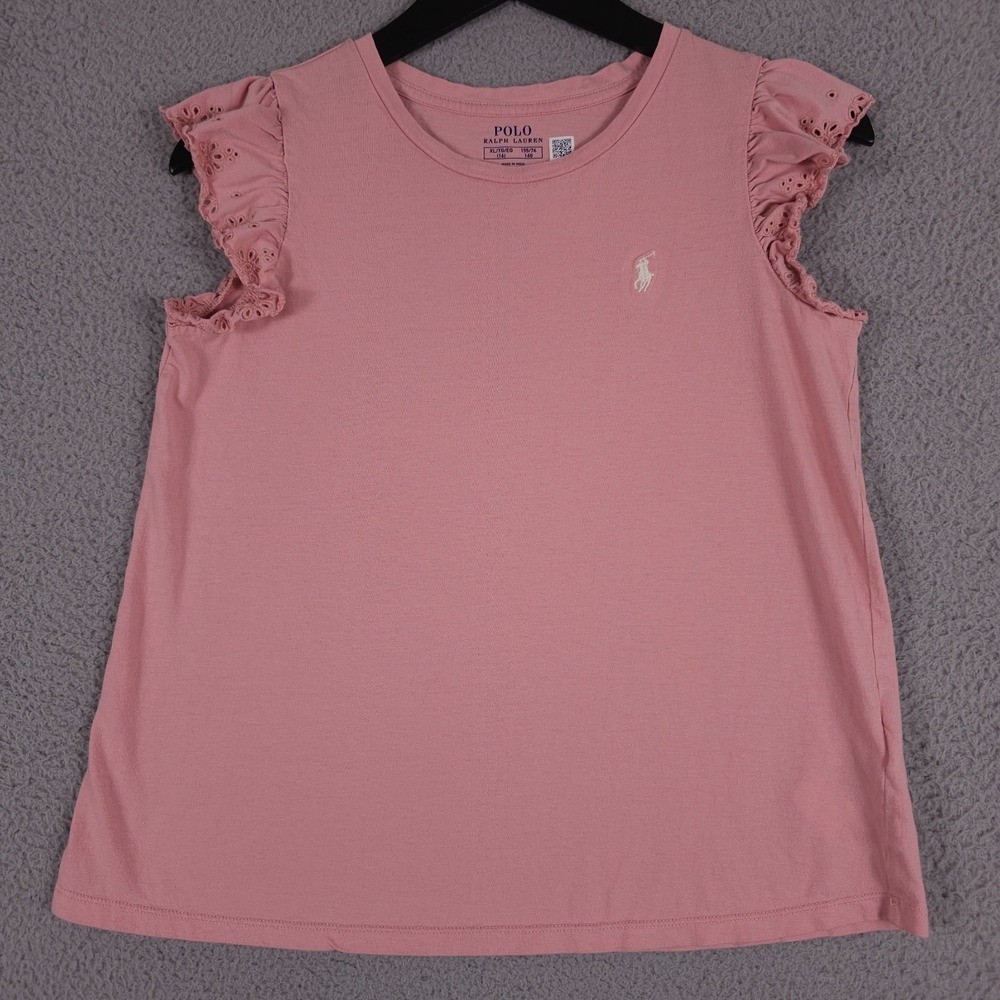 Polo Ralph Lauren Shirt Girls XL 16 Pink Crew Neck Eyelet Ruffle Cap Sleeve Top